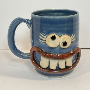 NEW Ug Chug Handmade Pottery Funny Face Coffee Mug Nelson Studio CRAZY MOM Blue
